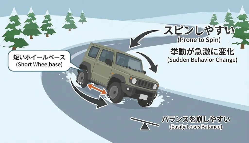 短いホイールベースが招く雪道スピン