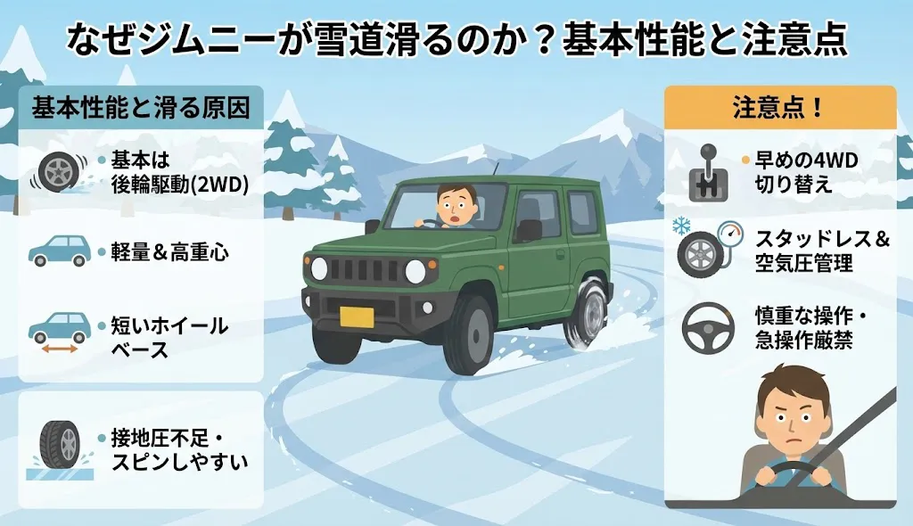 なぜジムニーが雪道滑るのか?基本性能と注意点