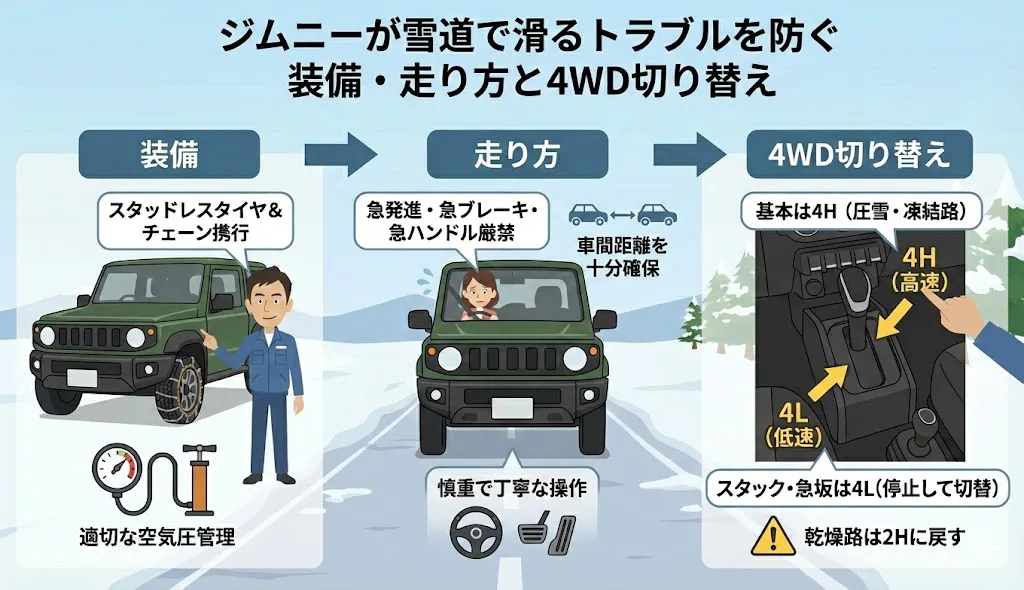 ジムニーが雪道で滑るトラブルを防ぐ装備・走り方と4WD切り替え