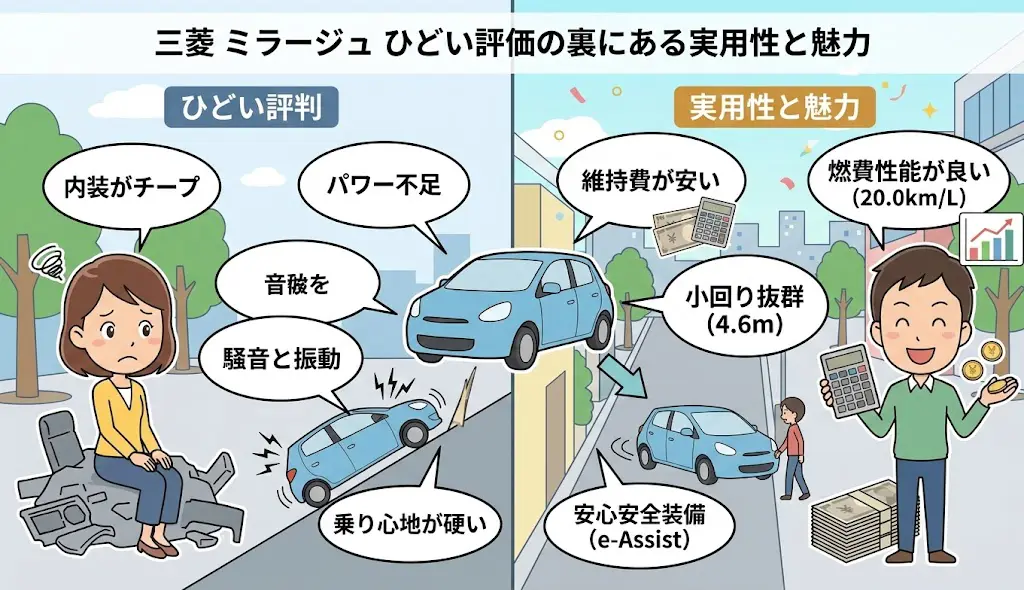 三菱 ミラージュ ひどい評価の裏にある実用性と魅力